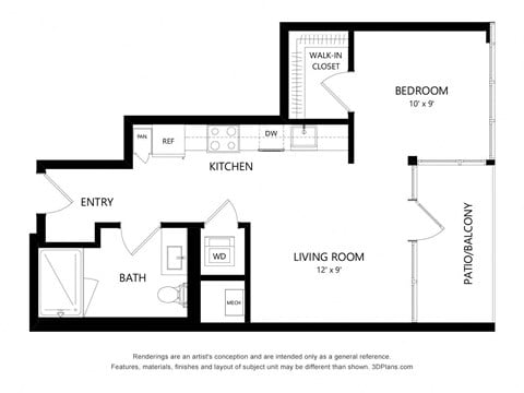 Floor plan for studio, 1 bath, 557 sqft